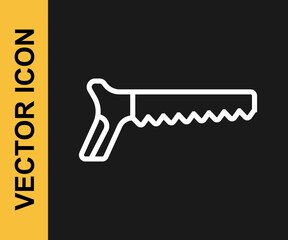 White line Hand saw icon isolated on black background. Vector