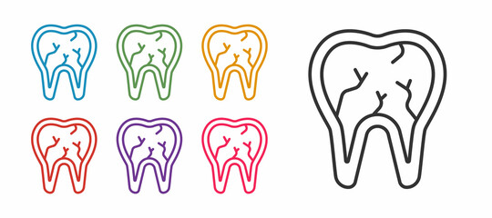 Set line Broken tooth icon isolated on white background. Dental problem icon. Dental care symbol. Set icons colorful. Vector