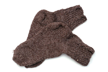 knitted wool warm socks on a white background