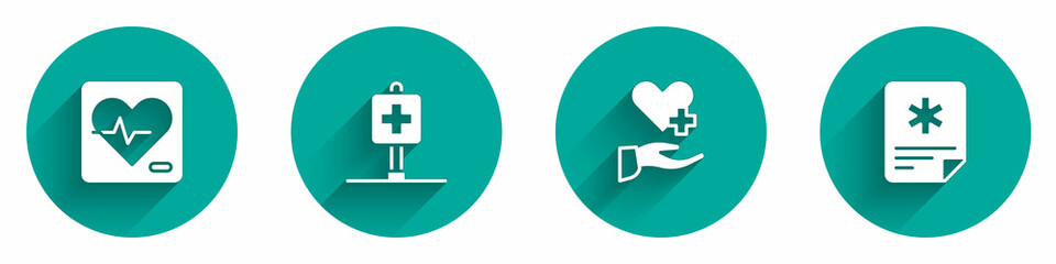 Obraz premium Set Heart rate, Location hospital, with cross and Patient record icon with long shadow. Vector