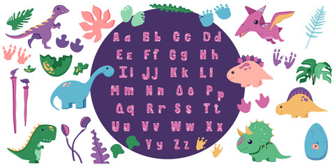 A set of cute dinosaurs for decorating the nursery, Mesozoic era stickers for children, with hand drawn alphabet in a flat style, isolated on a white. Vector illustration