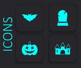 Set Castle, Flying bat, Tombstone with RIP written and Pumpkin icon. Black square button. Vector