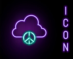 Glowing neon line Peace cloud icon isolated on black background. Hippie symbol of peace. Colorful outline concept. Vector