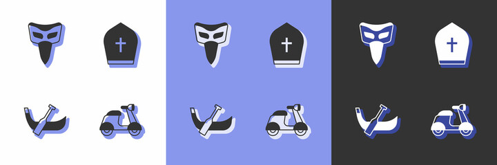 Set Scooter, Carnival mask, Gondola boat and Pope hat icon. Vector