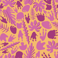Seamless pattern of jungle leafs, dinosaurs footprint for nursery in a flat style isolated on a yellow background. Vector illustration