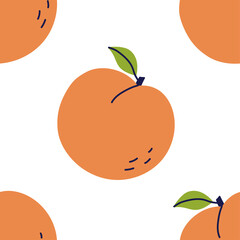 Peach fruit with leaf. Seamless pattern. Hand drawn vector illustration. Sweet natural food.