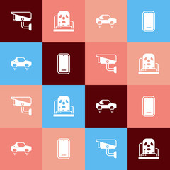 Set pop art Security camera, Radioactive warning lamp, Fantastic flying car and Mobile phone icon. Vector