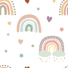 Sierkussen Pastel regenbogen patroon met wolken, regen, harten, sterren. Geïsoleerd op een witte achtergrond. Baby boho-achtergrond. Kwekerij kunst aan de muur baby textiel afdrukbaar papier. © Alex_Zakharov