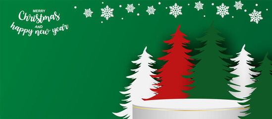 Naklejka na ściany i meble Merry christmas theme product display podium. Design with christmas tree and product stand on green background. vector. illustration.