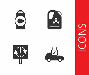 Set Electric car, Eco nature leaf battery, Recycle symbol and Radioactive waste in barrel icon. Vector