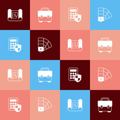 Set pop art House plan, Toolbox, Security keypad access panel and Color palette guide icon. Vector