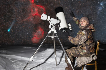 A European man is observing a comet through a telescope. - obrazy, fototapety, plakaty