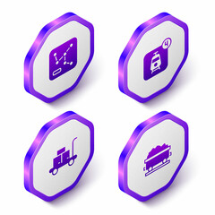 Set Isometric Railway map, Online ticket booking, Trolley suitcase and Coal train wagon icon. Purple hexagon button. Vector