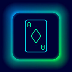 Glowing neon line Playing card with diamonds symbol icon isolated on black background. Casino gambling. Colorful outline concept. Vector