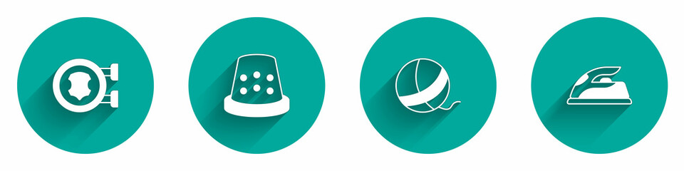 Set Leather, Thimble for sewing, Yarn ball and Electric iron icon with long shadow. Vector