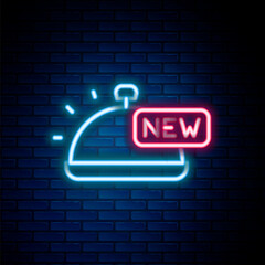 Glowing neon line Covered with a tray of food icon isolated on brick wall background. Tray and lid sign. Restaurant cloche with lid. Colorful outline concept. Vector