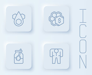 Set line Honeycomb, Sale of honeycomb, Jar and dipper stick and Beekeeper costume. White square button. Vector