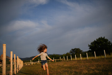 Happy little girl having fun and running outdoors in farm