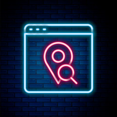 Glowing neon line Infographic of city map navigation icon isolated on brick wall background. Mobile App Interface concept design. Geolacation concept. Colorful outline concept. Vector