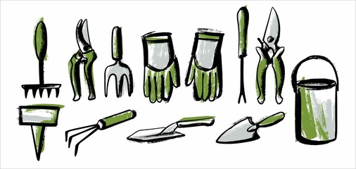 A set of garden tools. Illustration in the style of careless sketch and scrapbooking. Vector on an isolated background.