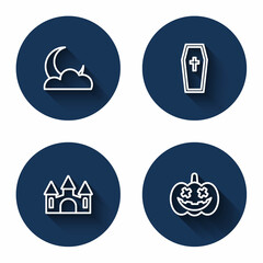 Set line Moon and stars, Coffin with christian cross, Castle and Pumpkin with long shadow. Blue circle button. Vector