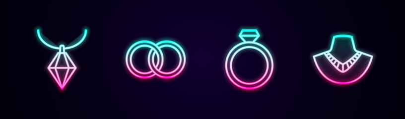 Set line Pendant on necklace, Wedding rings, Diamond engagement and Necklace mannequin. Glowing neon icon. Vector