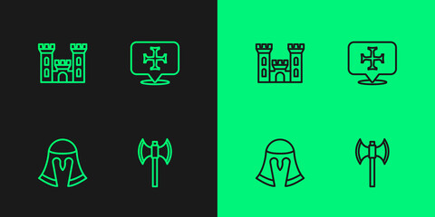 Set line Medieval poleaxe, helmet, Castle and Crusade icon. Vector