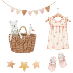Beautiful stock baby illustration with very cute hand drawn watercolor girls wardrobe dress and basket of toys.