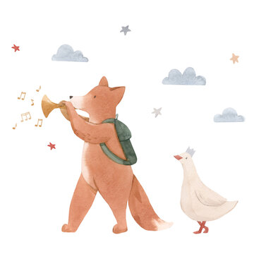 Beautiful stock baby illustration with very cute hand drawn watercolor fox with trumpet and white goose.