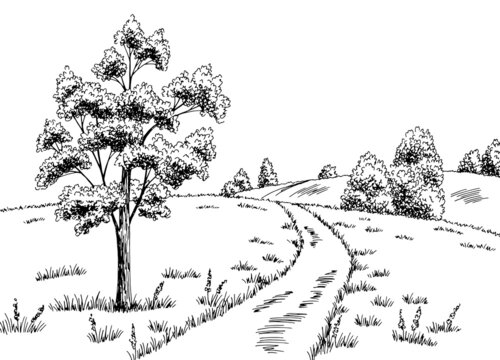 Rural road graphic black white landscape sketch illustration vector 
