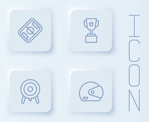 Set line Football field, Award cup, Target sport and Racing helmet. White square button. Vector