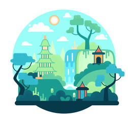 Fototapeta premium Oriental village next to a waterfall among trees. Vector cartoon illustration in flat game design