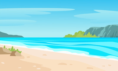 Wild tropical beach with sea lagoon landscape. Gray sand with stones and vegetation mountains on horizon and blue sky with clouds exciting travel and summer tourism. Vector cartoon adventure.