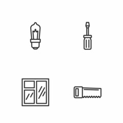 Set line Hand saw, Window in room, Light bulb and Screwdriver icon. Vector