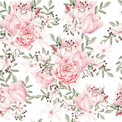 Watercolor seamless pattern with  roses and peony flowers.