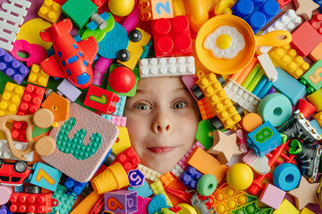Fototapeta na wymiar Little girl lying in the mess of toys