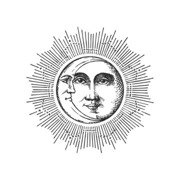 Sun, Crescent in halo, vector retro illustrations.