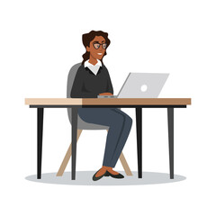 Business woman on computer flat vector illustration isolated on white background