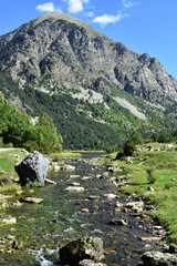 Beautiful mountains, green valley.Bright breathtaking,thrilling view in summer,sunny weather.Pyrenees,Europe.Aiguestortes national park,Spain.Vertical photo