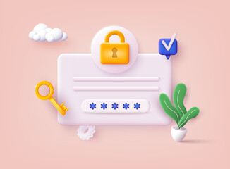 Personal data security concept. Secure information transfer background. 3D Web Vector Illustrations.