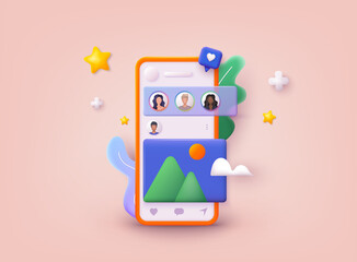 Social media app, online social communication applications concept. 3D Web Vector Illustrations.