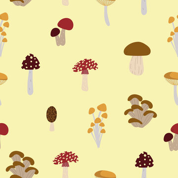 Seamless pattern design. Autumn backdrop for wallpaper, print, textile, fabric, wrapping. Mushrooms isolated on yellow background