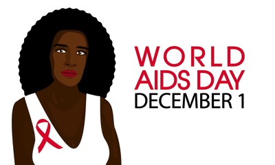 Beautiful black African American woman with a red ribbon on her chest. Web vector banner for medical awareness, inspiration WORLD AIDS DAY, December 1. 