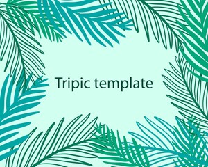 Fototapeta na wymiar Palm tropical template, vector illustration. Background with green palm leaves. Deciduous exotic modern banner. Background for design, hand drawing.