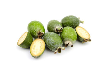 Feijoa fruit or whole and half pineapple guava isolated on white