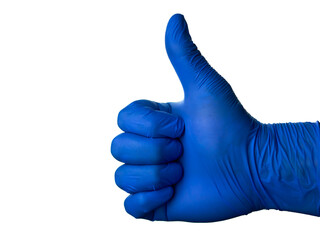 Thumbs up, a hand in a blue medical glove on a white background shows a sign, isolate, copy space. The concept of success, everything is good and wonderful.