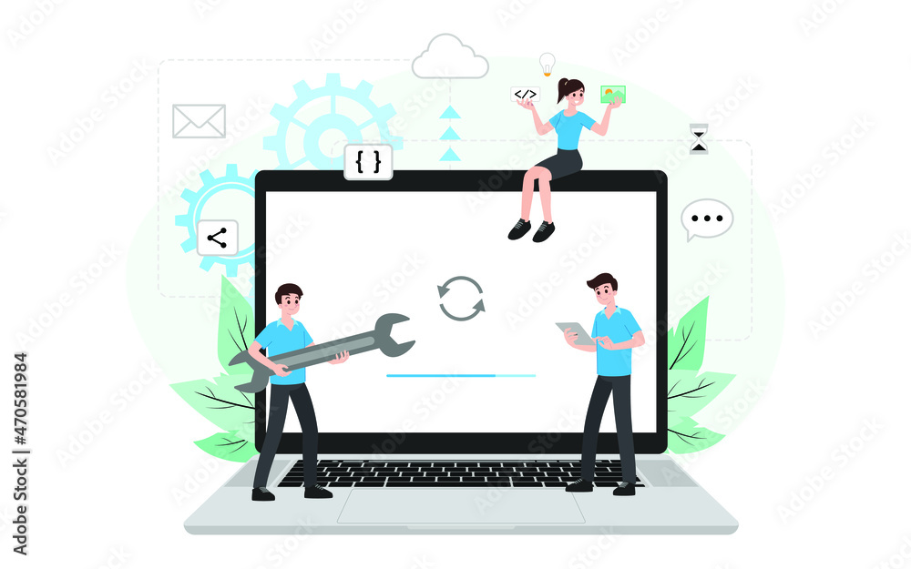Fototapete it administrator with software upgrade process on laptop. digital system device administration, netw