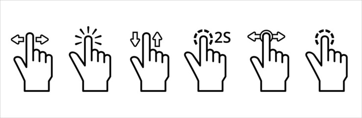 Touchscreen gesture icon. Hand finger touch screen gesture vector icons set. Contain symbol such as pinch up, two finger tap, click and hold, drag and slide, double press, multiple touch.