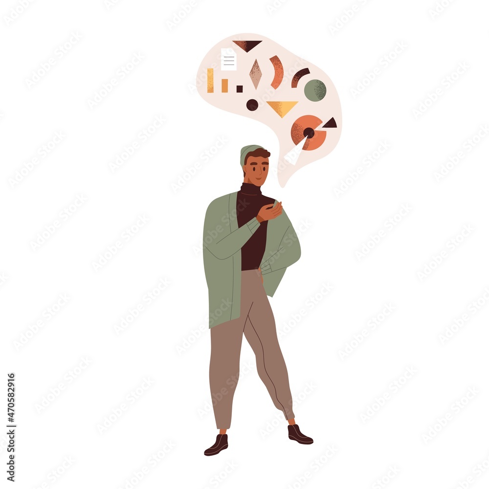 Poster Person analyzing business data. Creative thinking and analysis concept. Modern man and abstract geometric shapes, graphs, diagrams in thoughts. Flat vector illustration isolated on white background