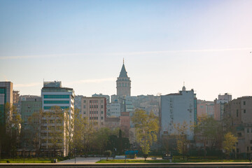 Galata Tower. Galata Tower from Golden Horn in the morning.